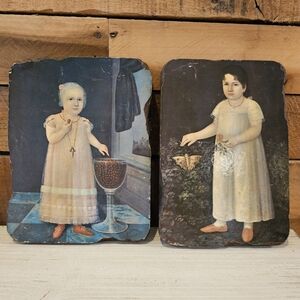 Vintage Pair Of Joshua Johnson Print Plaques "In The Garden" & " Emma Van Name"